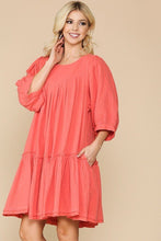Load image into Gallery viewer, 3/4 Sleeve Pocket Ruffle Pintuck Swing Dress
