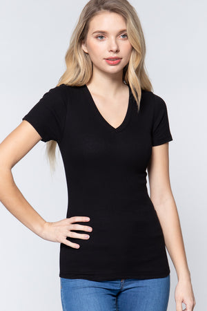 Basics Short Sleeve V-neck Rib Top