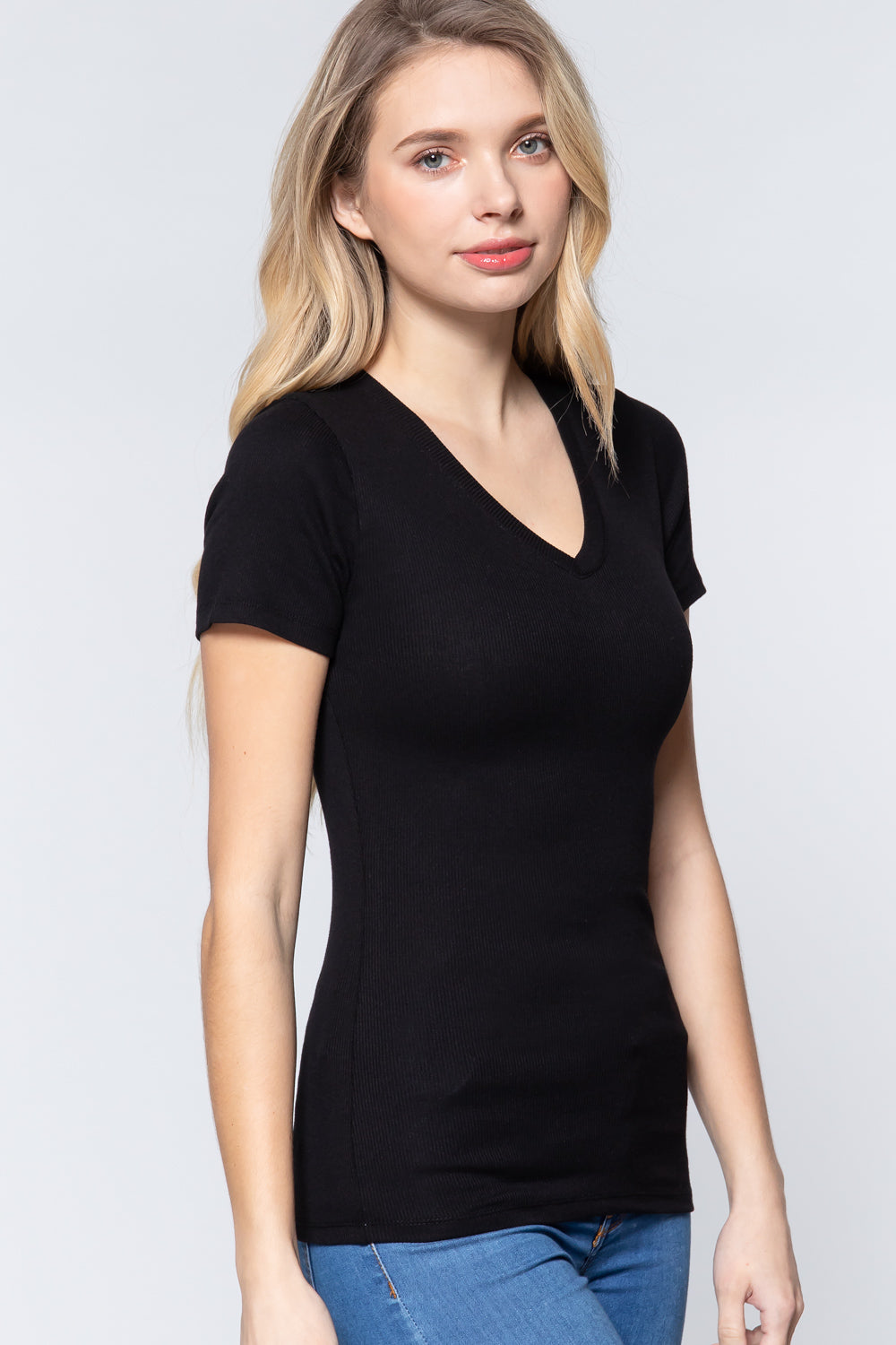 Basics Short Sleeve V-neck Rib Top