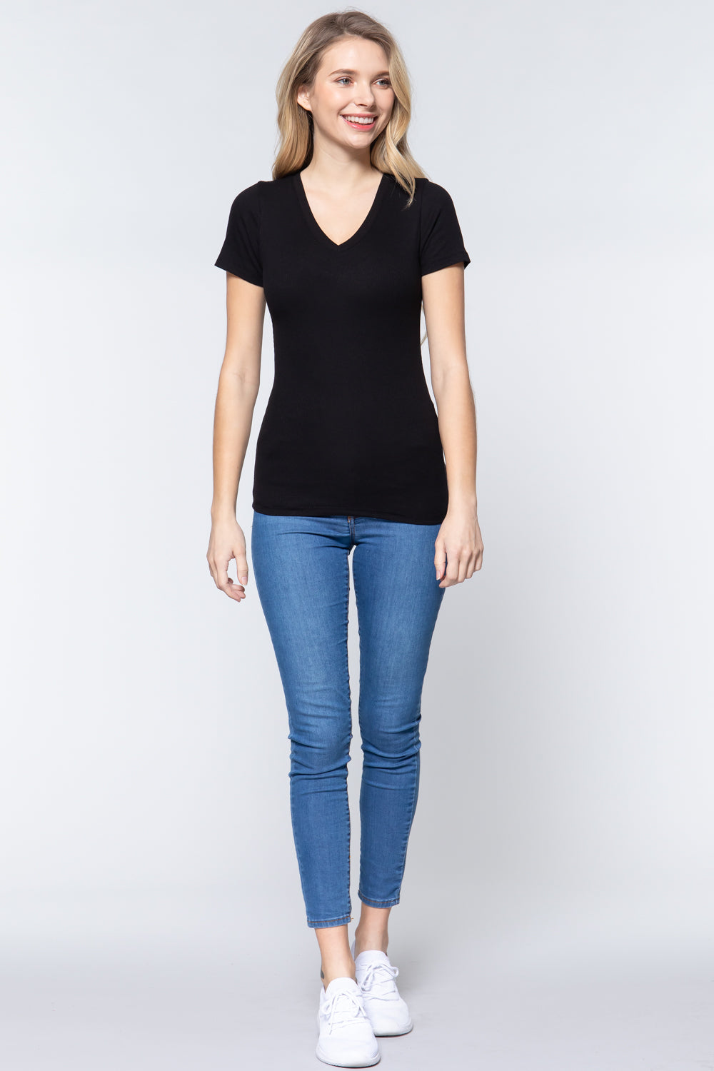 Basics Short Sleeve V-neck Rib Top