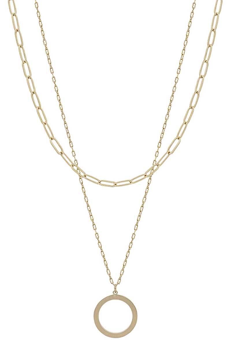 2 Layered Metal Chain Round Pendant Necklace