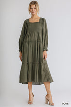 Load image into Gallery viewer, Ruffle Cuffed Long Sleeve Square Neckline Smocked Peasant Midi Dress
