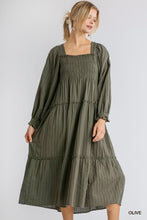 Load image into Gallery viewer, Ruffle Cuffed Long Sleeve Square Neckline Smocked Peasant Midi Dress
