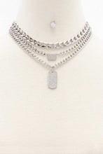Load image into Gallery viewer, 3 Layered Metal Chain Rhinestone Pendant Necklace Earring Set
