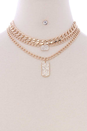 3 Layered Metal Chain Rhinestone Pendant Necklace Earring Set