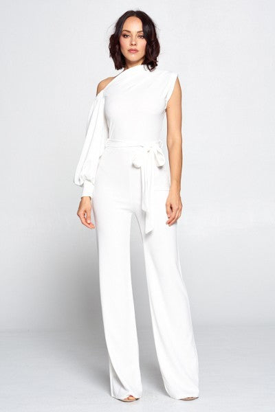 White One Shoulder Solid Print Jumpsuit