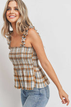 Load image into Gallery viewer, Ruffle Strap Smocked Peplum Plaid
